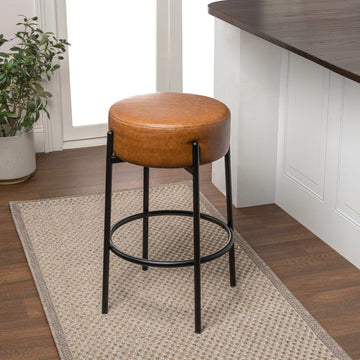 Paola Modern Minimalist Round Backless Metal/Vegan Leather Cushioned Bar Stool - JONATHAN Y